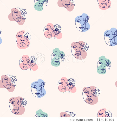 Female portrait Outline woman face, abstract flowers leaves, line continuous drawing vector seamless pattern 118010505