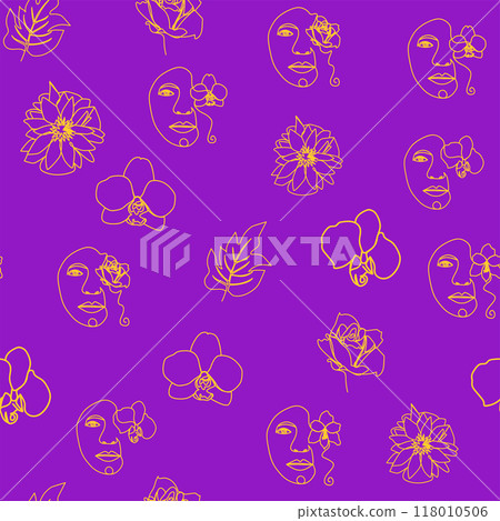 Woman face Continuous line seamless pattern. Abstract Female portrait with flowers. Drawing vector Wallpaper 118010506