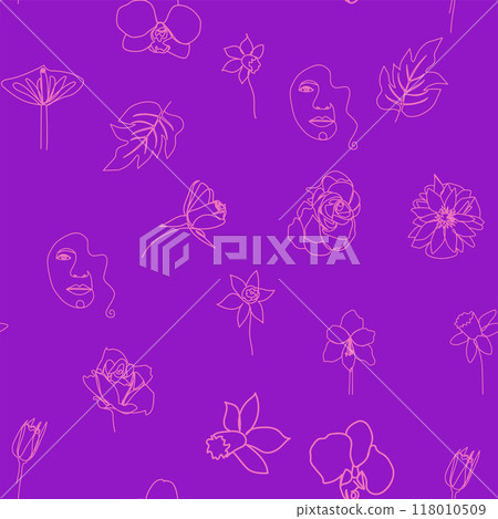 Woman face Continuous line seamless pattern. Abstract Female portrait with flowers. Drawing vector Wallpaper Woman face Continuous line seamless pattern. Abstract Female portrait with flowers. Drawing vector Wallpaper 118010509