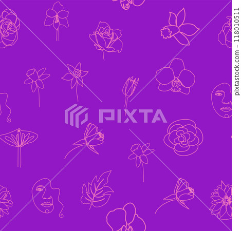 Woman face Continuous line seamless pattern. Abstract Female portrait with flowers. Drawing vector Wallpaper 118010511