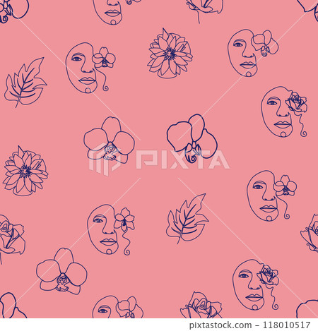 Woman face Continuous line seamless pattern. Abstract Female portrait with flowers. Drawing vector Wallpaper Woman face Continuous line seamless pattern. Abstract Female portrait with flowers. Drawing vector Wallpaper 118010517