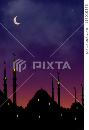 Islamic night with mosque and moon background. Muslim Ramadan and Middle East concept. 118010586