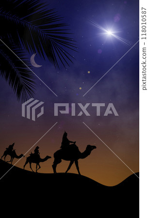 Nativity scene with the Magi in the desert, the star and the birth of Jesus Christ at night. Christian Christmas and the gifts of the Magi concept. 118010587