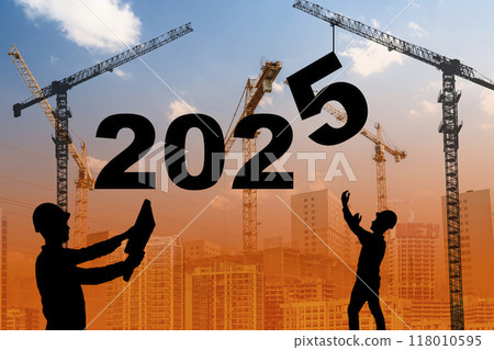 2025 year concept. Construction worker and crane on the backdrop of sunset and the numbers 2025 118010595