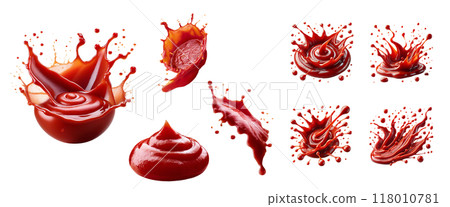 Set of red splashes of tomato ketchup - isolated on a transparent PNG Background - ketchup stain dirty seasoning condiment food - - cut out - clipping path Set of red splashes of tomato ketchup - isolated on a transparent PNG Background - ketchup stain dirty seasoning condiment food - - cut out - clipping path 118010781