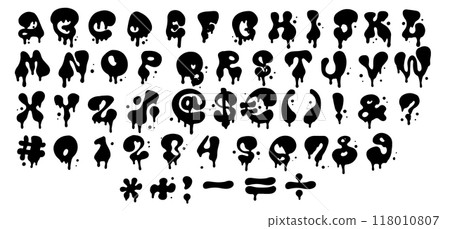 Blak and white melting liquid font set. Abstract fluid droplet shape. Isolated vector letter for y2k style abc design in grungy style Blak and white melting liquid font set. Abstract fluid droplet shape. Isolated vector letter for y2k style abc design in grungy style 118010807