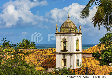 Historic baroque church tower amidst the vegetation 118010868