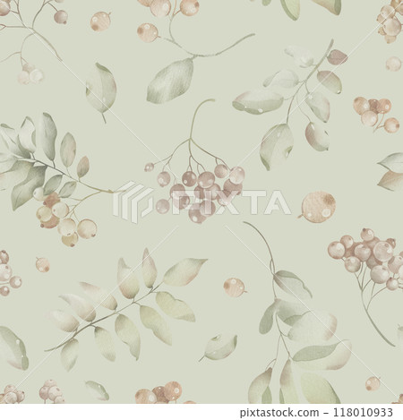 Seamless pattern Autumn Watercolor herbarium rowan and leaves isolated illustration. Element for fabrics for tea packaging design and card, label. Botanical background from berries. Seamless pattern Autumn Watercolor herbarium rowan and leaves isolated illustration. Element for fabrics for tea packaging design and card, label. Botanical background from berries. 118010933