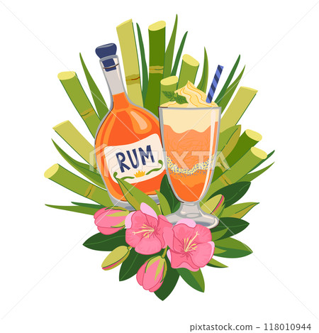 Vector composition with bottle of rum, refreshing cocktail and tropical flowers. Illustration for beach bar menu. Cruise vacation, summer holidays, party, cafe, vacation. 118010944