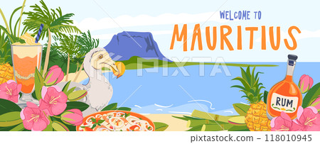 View from the beach to the panorama of Mauritius island and Le Morne Brabant mountain. Dodo bird, flowers trochetia boutoniana, pineapple, rum, cocktail. Vector landmarks in flat style. Paradise. 118010945