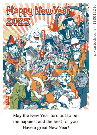 2025 New Year's card template "A little strange Seven Lucky Gods" Happy New Year with English annotations 118011216