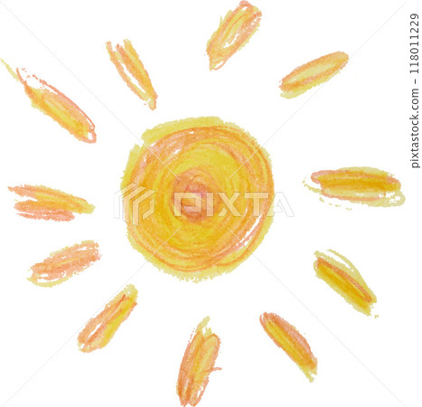 Sun drawn by hand with yellow pencil on isolated background 118011229