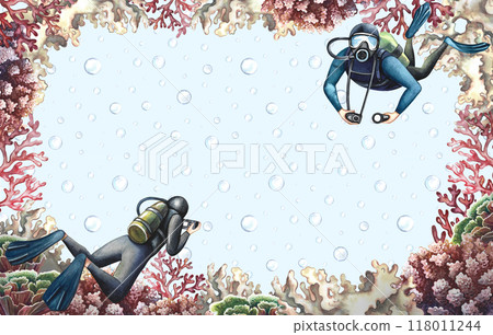 Coral frame with divers. Underwater world on a blue background. A hand-drawn watercolor illustration. Aquarium, tropics, reefs. The concept of a label, business card and banner, postcard and flyer. Coral frame with divers. Underwater world on a blue background. A hand-drawn watercolor illustration. Aquarium, tropics, reefs. The concept of a label, business card and banner, postcard and flyer. 118011244
