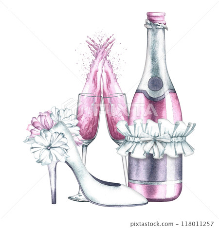 The wedding composition is made in delicate white and pink tones. The bride's high-heeled shoe decorated with flowers, a bottle and a glass of pink champagne. Watercolor illustration made by hand. The wedding composition is made in delicate white and pink tones. The bride's high-heeled shoe decorated with flowers, a bottle and a glass of pink champagne. Watercolor illustration made by hand. 118011257