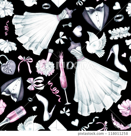Wedding seamless pattern with the bride and groom's outfits, wedding rings, champagne and other wedding attributes. A hand-drawn watercolor illustration. On a black background.. Wedding seamless pattern with the bride and groom's outfits, wedding rings, champagne and other wedding attributes. A hand-drawn watercolor illustration. On a black background.. 118011258