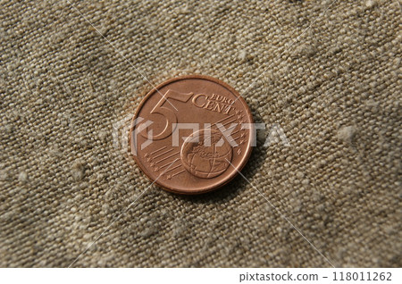 Proof coin. 5 euro cents on linen fabric. Proof coin. 5 euro cents on linen fabric. 118011262
