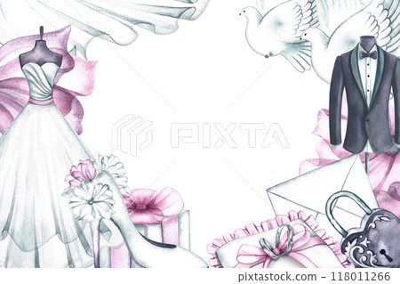 Wedding frame with flowers, bride's dress, groom's tuxedo and other wedding attributes. Handmade watercolor illustration. In a delicate pink and white color. For greeting and invitation cards. 118011266