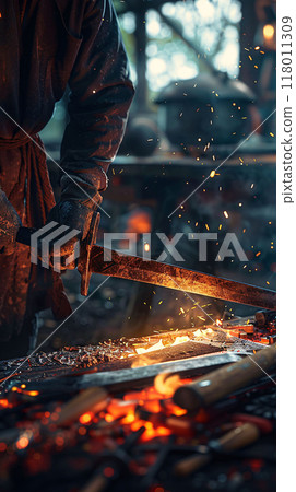Swordsmith Forging a Blade in Traditional Workshop 118011309