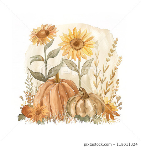 Autumn composition with pumpkins and sunflowers. Watercolor illustration 118011324