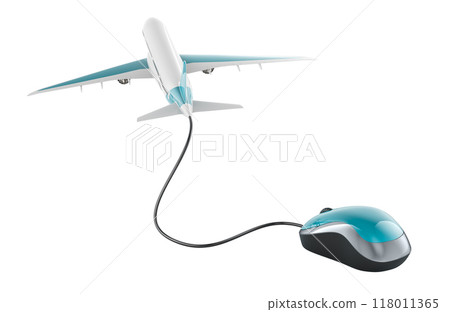 Online Booking Airline Tickets, concept. Airplane with computer mouse. 3D rendering 118011365