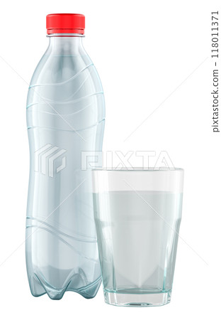Water Bottle and glass full of water, 3D rendering 118011371