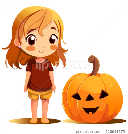 Halloween Theme Pumpkin Girl Jack-o-lantern. Vector illustration pictures for postcards of Halloween greetings for girls and boys. as well as for the design of websites and business cards related to 118011375