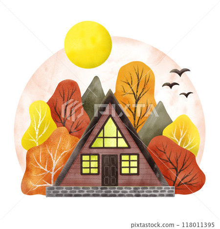 Cute decorative simple rural house, seasonal illustration in watercolor isolated on white Cute decorative simple rural house, seasonal illustration in watercolor isolated on white 118011395
