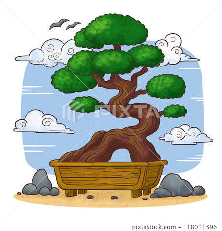 Bonsai traditional Japanese tree in wooden tub with clouds. Cute illustration. 118011396