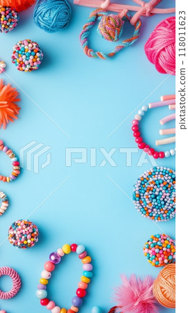 A vibrant arrangement of handmade jewelry, craft beads, and colorful supplies on a soft blue backdrop invites creativity and DIY inspiration for all ages 118011623