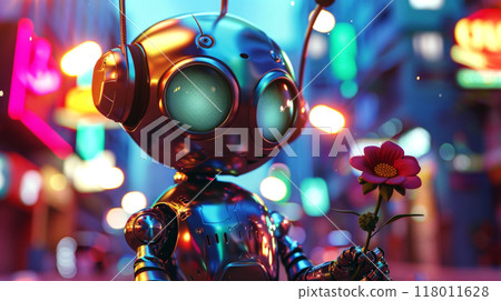 In a bustling neon-lit city, a shiny robot with large round eyes gently holds a colorful flower, symbolizing a blend of technology and nature amidst urban life 118011628