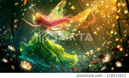 Flower petals shimmer as a fairy adorned in a green gown twirls in a lush forest. The warm twilight highlights her iridescent wings and the surrounding blossoms 118011631