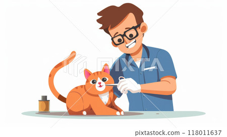 A man in a blue shirt carefully examines a friendly orange cat on a table in a well-lit clinic, ensuring the cat's health and well-being A man in a blue shirt carefully examines a friendly orange cat on a table in a well-lit clinic, ensuring the cat's health and well-being 118011637