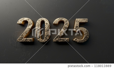 Golden numerals reading 2025 are prominently displayed on a dark surface, representing the upcoming year with a sleek and contemporary aesthetic Golden numerals reading 2025 are prominently displayed on a dark surface, representing the upcoming year with a sleek and contemporary aesthetic 118011669