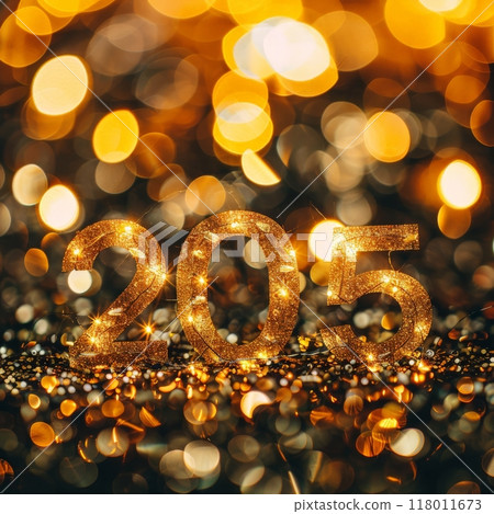 The number 205 in sparkling gold stands out against a dreamy backdrop of glimmering bokeh lights, creating a joyful atmosphere for special events 118011673
