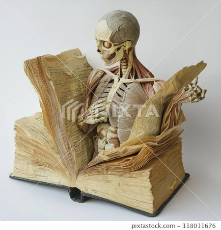 An intricate sculpture depicts a human skeleton made from paper, appearing to rise from an open book filled with detailed text, blending art and anatomy elegantly 118011676