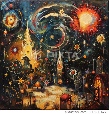 A vibrant cosmic landscape showcases swirling galaxies, bright stars, and whimsical buildings, creating a dreamlike atmosphere filled with color and wonder A vibrant cosmic landscape showcases swirling galaxies, bright stars, and whimsical buildings, creating a dreamlike atmosphere filled with color and wonder 118011677