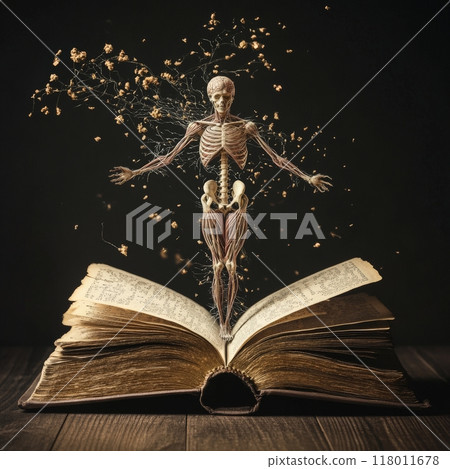 In a dimly lit space, a skeletal form rises from an ancient book, surrounded by swirling particles that create a mystical atmosphere of knowledge and discovery In a dimly lit space, a skeletal form rises from an ancient book, surrounded by swirling particles that create a mystical atmosphere of knowledge and discovery 118011678