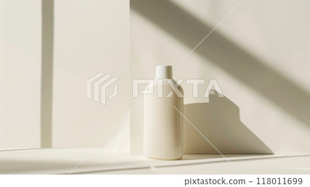 A white bottle stands alone against a light backdrop, illuminated by soft natural light 118011699