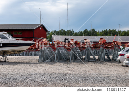 Supports for storing the yacht at the boat yard. Supports for storing the yacht at the boat yard. 118011827