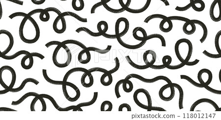 Organic grunge bold lines, squiggles, spirals. Dark brushing shapes vector seamless pattern. Hand drawn grunge curly swirls, scribbles. 118012147