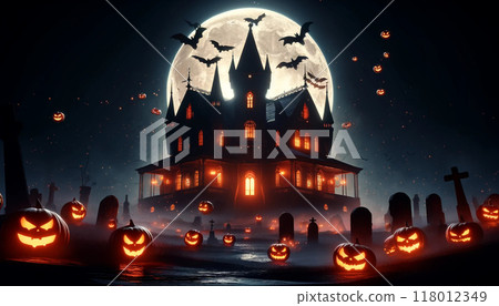 Halloween pumpkin and full moon night Halloween pumpkin and full moon night 118012349