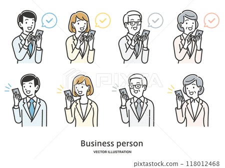 Illustration set of male and female office workers operating smartphones Illustration set of male and female office workers operating smartphones 118012468