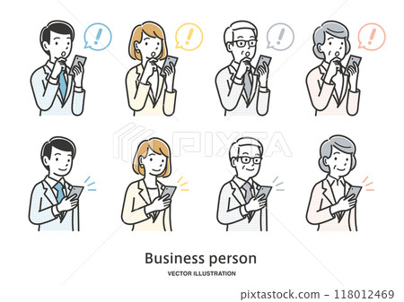Illustration set of male and female office workers operating smartphones Illustration set of male and female office workers operating smartphones 118012469