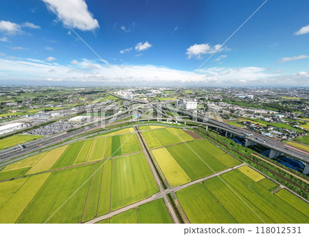 "Saitama Prefecture" Aerial view of Kuki Shiraoka Junction in autumn "Saitama Prefecture" Aerial view of Kuki Shiraoka Junction in autumn 118012531