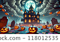 Castle, full moon and Halloween pumpkin 118012535