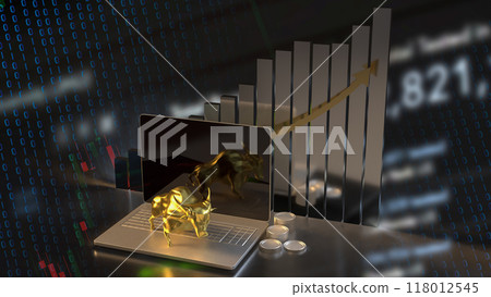 The Gold Bull on laptop for Business concept 3d rendering. The Gold Bull on laptop for Business concept 3d rendering. 118012545