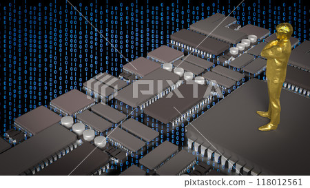 The gold man on pcb board for business or technology concept 3d rendering. The gold man on pcb board for business or technology concept 3d rendering. 118012561