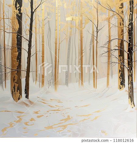 A winter forest captivates with gold foil highlights amidst a tranquil white background A winter forest captivates with gold foil highlights amidst a tranquil white background 118012616