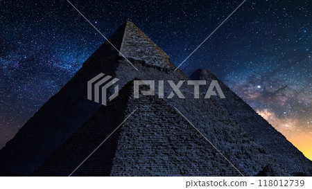 Egypt Giza Pyramids and the Milky Way at dawn 118012739