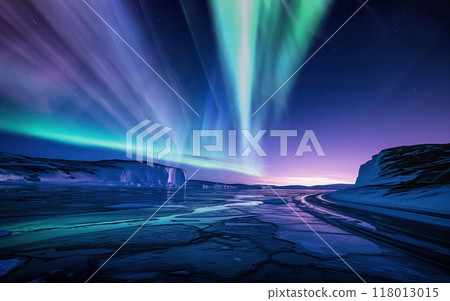 A glacier illuminated by the aurora borealis in Greenland A glacier illuminated by the aurora borealis in Greenland 118013015